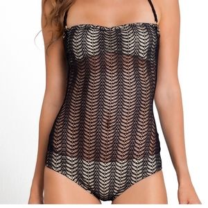 Lulifama Black Lace One Piece Swim Suit Gold Lined